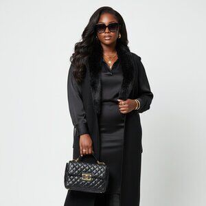 Chico's Size 2 Black Faux Fur Collar And Chest Knit Vest